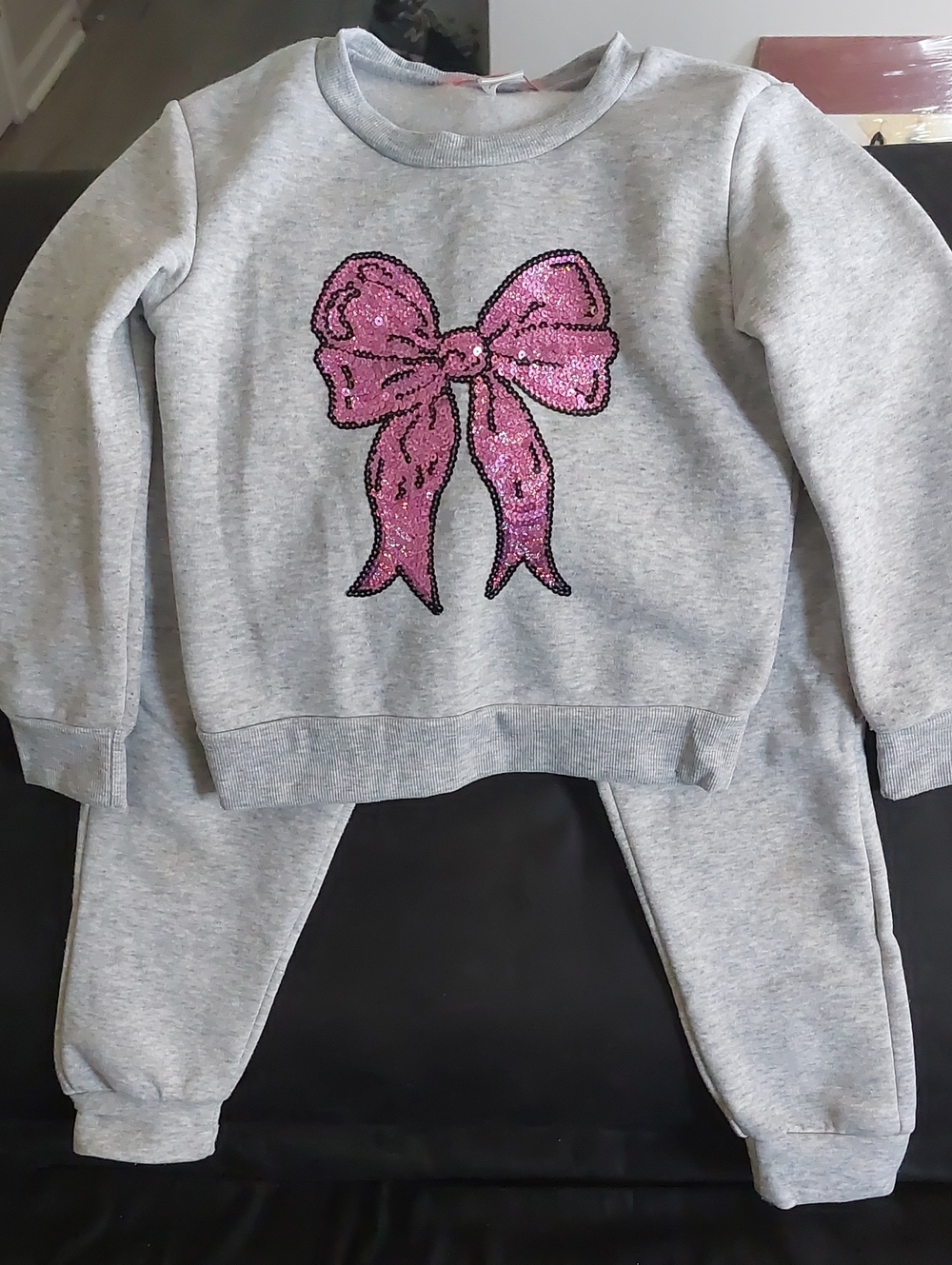 Girls' Grey Sweater & Jogger Set with Pink Sequin Bow